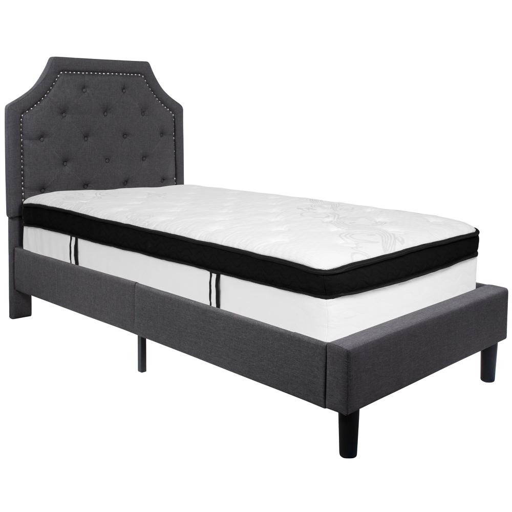 Twin Size Arched Tufted Upholstered Platform Bed in Dark Gray Fabric with Memory Foam Mattress. Picture 1