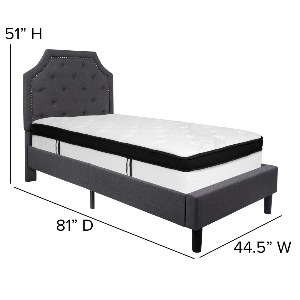 Twin Size Arched Tufted Upholstered Platform Bed in Dark Gray Fabric with Memory Foam Mattress. Picture 2