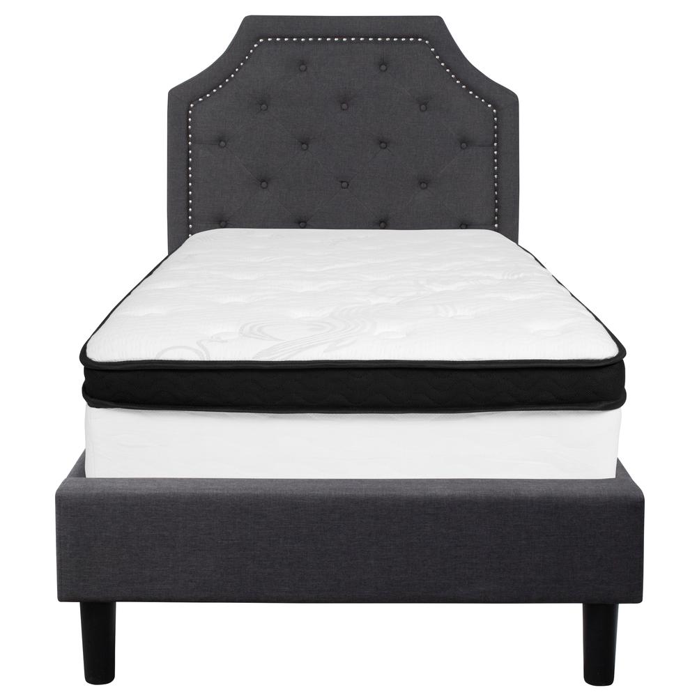Twin Size Arched Tufted Upholstered Platform Bed in Dark Gray Fabric with Memory Foam Mattress. Picture 3