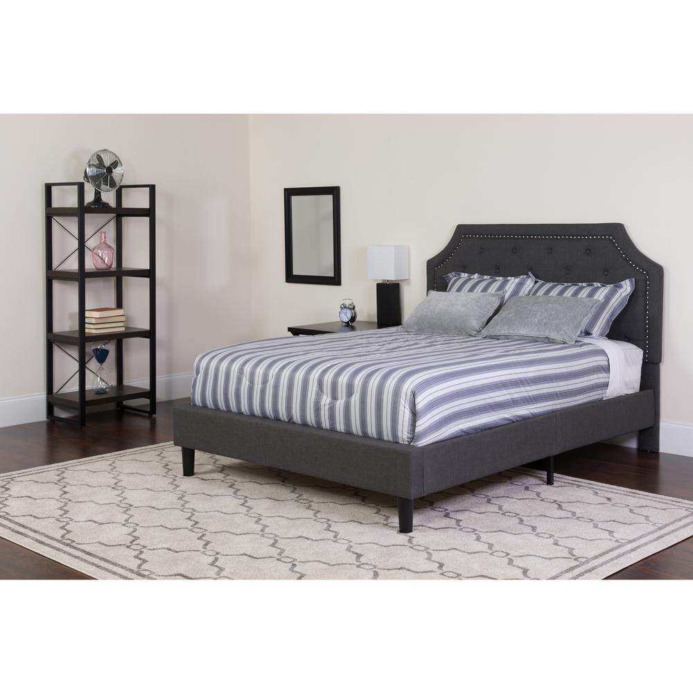 Full Size Platform Bed in Dark Gray Fabric with Memory Foam Mattress. Picture 1