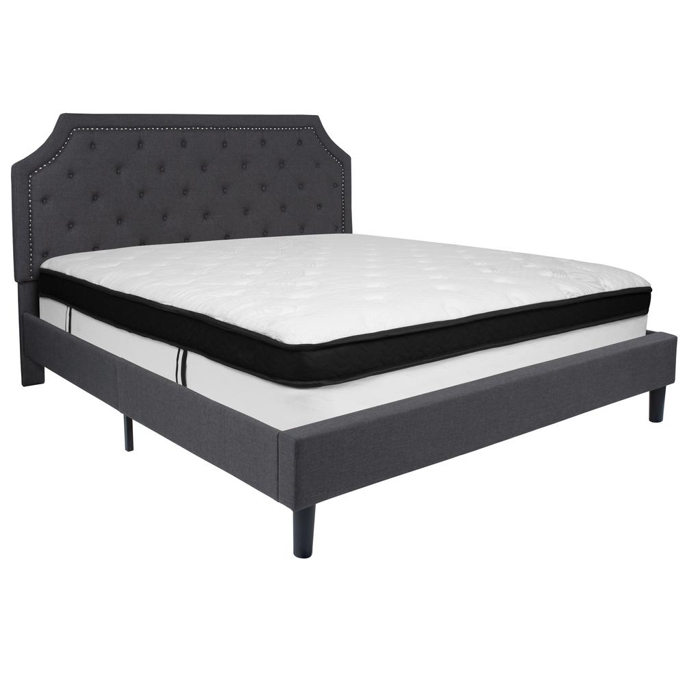 King Size Arched Tufted Upholstered Platform Bed in Dark Gray Fabric with Memory Foam Mattress. Picture 1