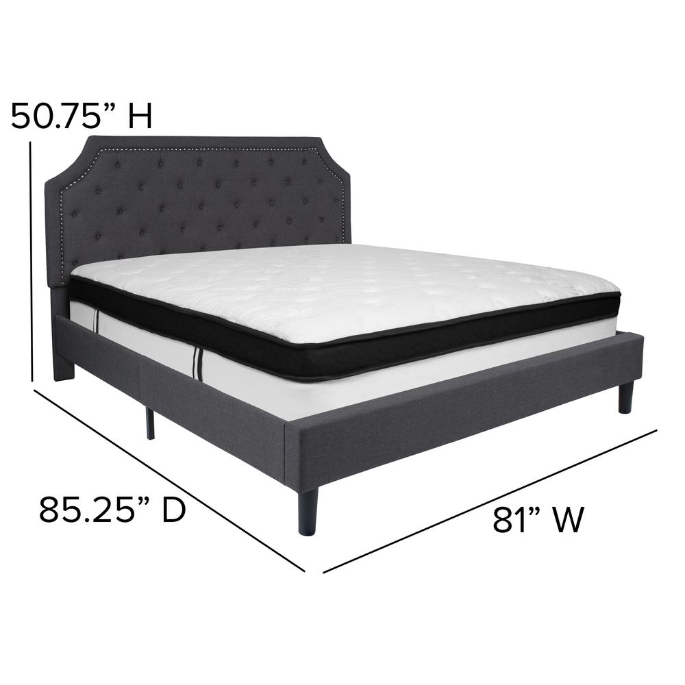 King Size Arched Tufted Upholstered Platform Bed in Dark Gray Fabric with Memory Foam Mattress. Picture 2