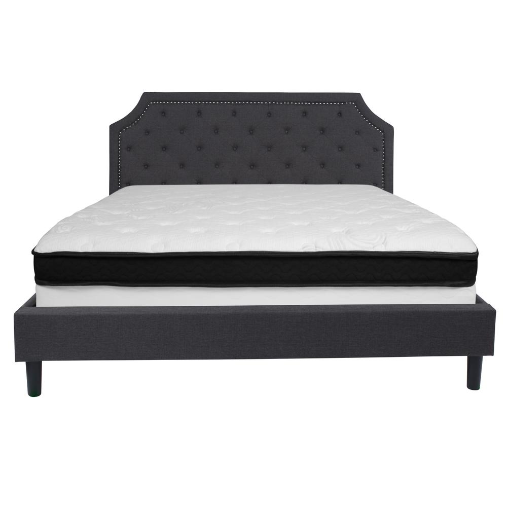 King Size Arched Tufted Upholstered Platform Bed in Dark Gray Fabric with Memory Foam Mattress. Picture 3