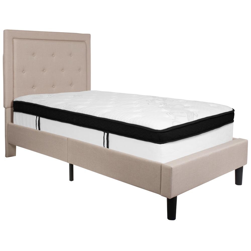 Twin Size Panel Tufted Upholstered Platform Bed in Beige Fabric with Memory Foam Mattress. Picture 1