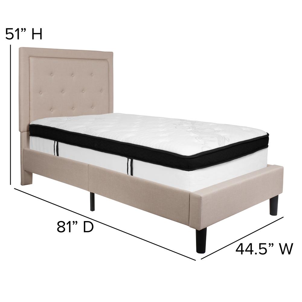 Twin Size Panel Tufted Upholstered Platform Bed in Beige Fabric with Memory Foam Mattress. Picture 2