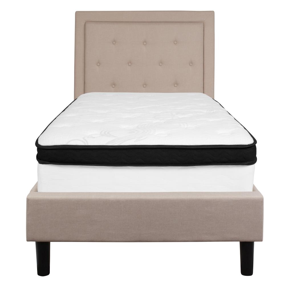 Twin Size Platform Bed in Beige Fabric with Memory Foam Mattress. Picture 3