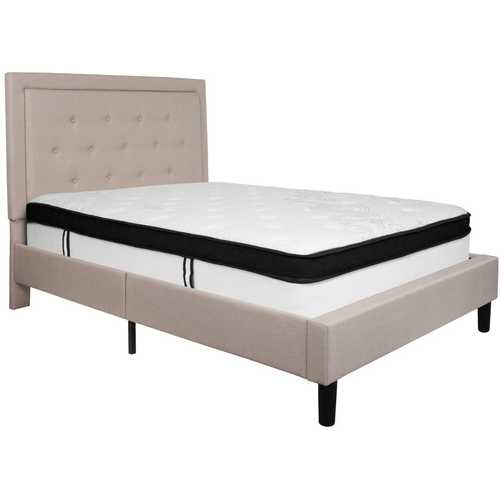 Full Size Panel Tufted Upholstered Platform Bed in Beige Fabric with Memory Foam Mattress. Picture 1