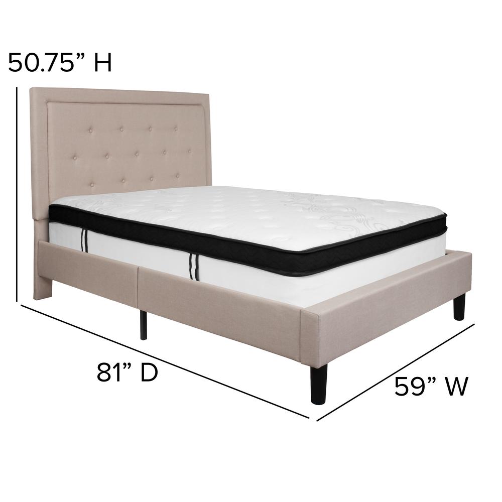 Full Size Panel Tufted Upholstered Platform Bed in Beige Fabric with Memory Foam Mattress. Picture 2