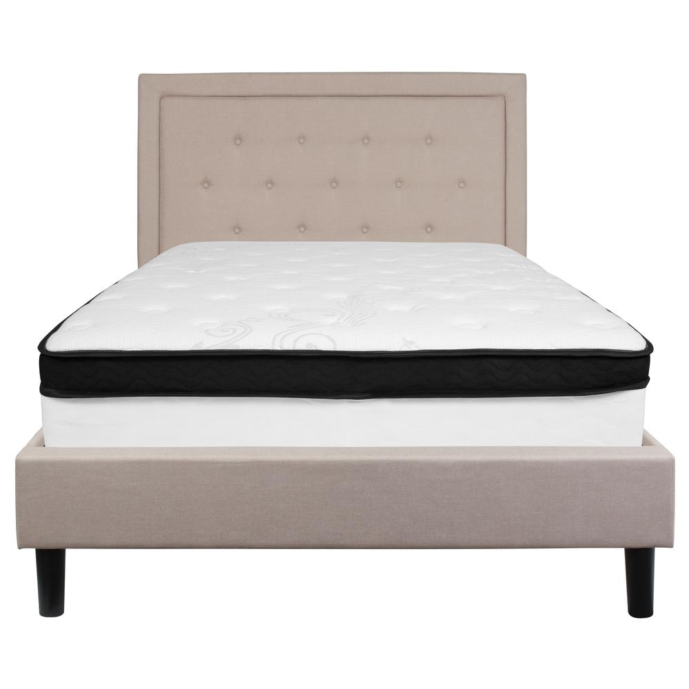Full Size Panel Tufted Upholstered Platform Bed in Beige Fabric with Memory Foam Mattress. Picture 3