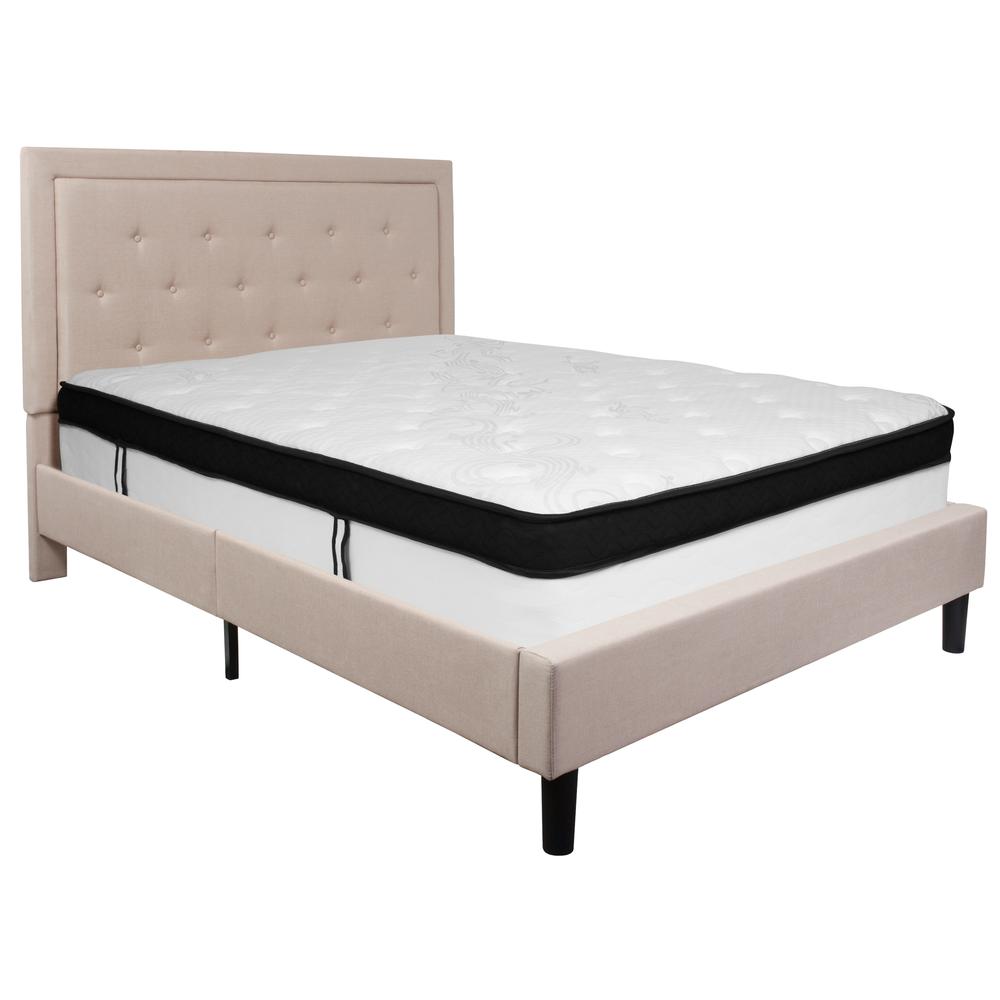 Roxbury Queen Size Tufted Upholstered Platform Bed in Beige Fabric with Memory Foam Mattress. Picture 2
