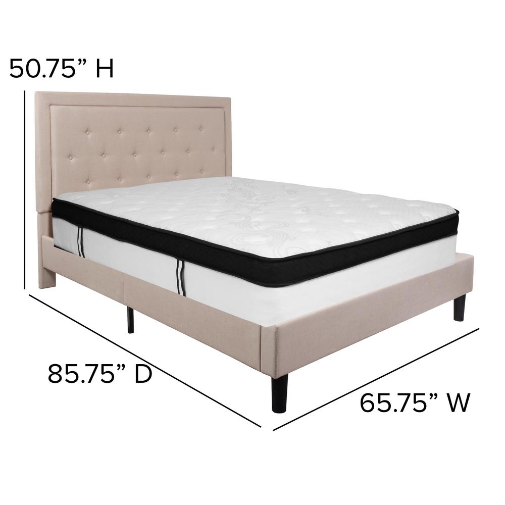 Queen Size Panel Tufted Upholstered Platform Bed in Beige Fabric with Memory Foam Mattress. Picture 2