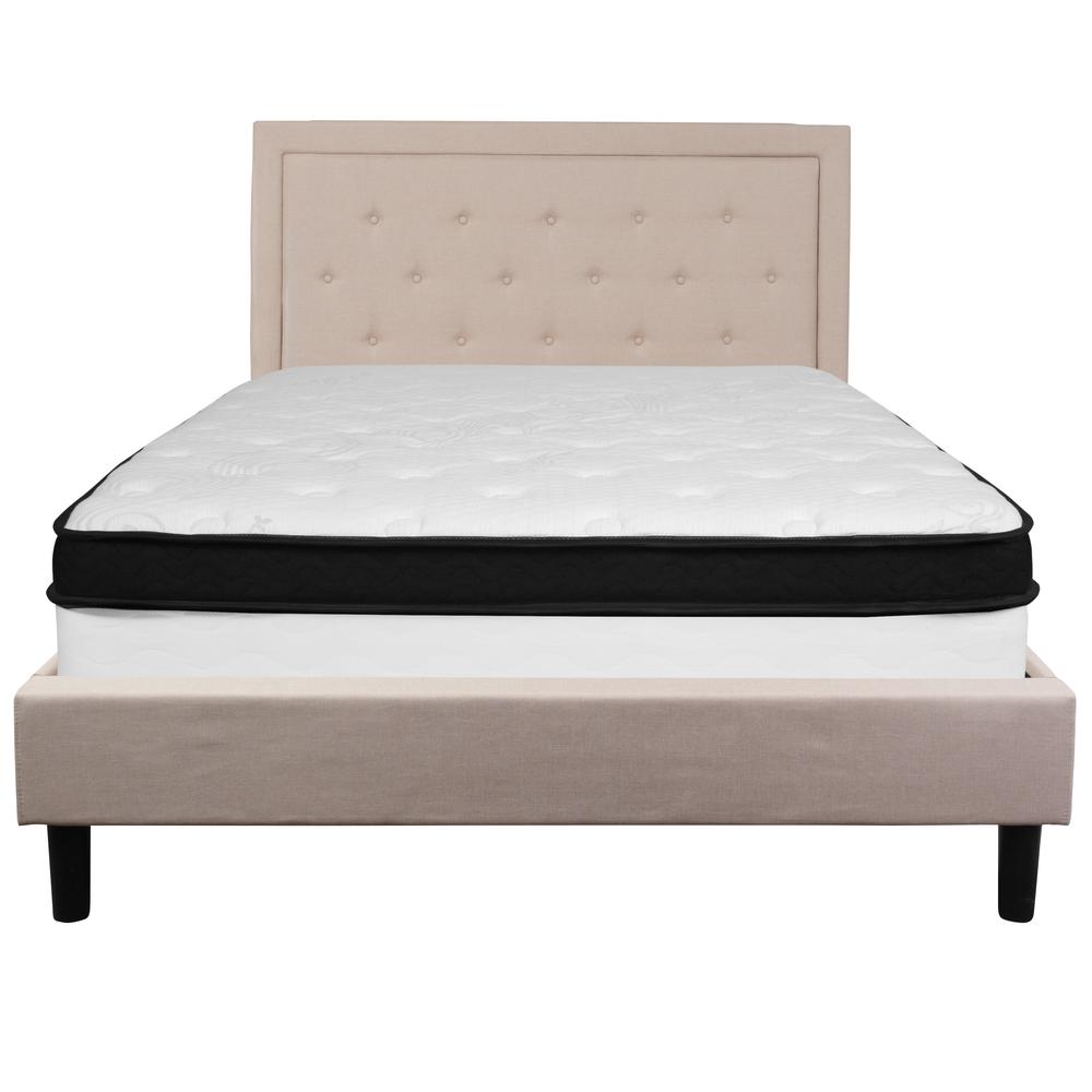 Roxbury Queen Size Tufted Upholstered Platform Bed in Beige Fabric with Memory Foam Mattress. Picture 3