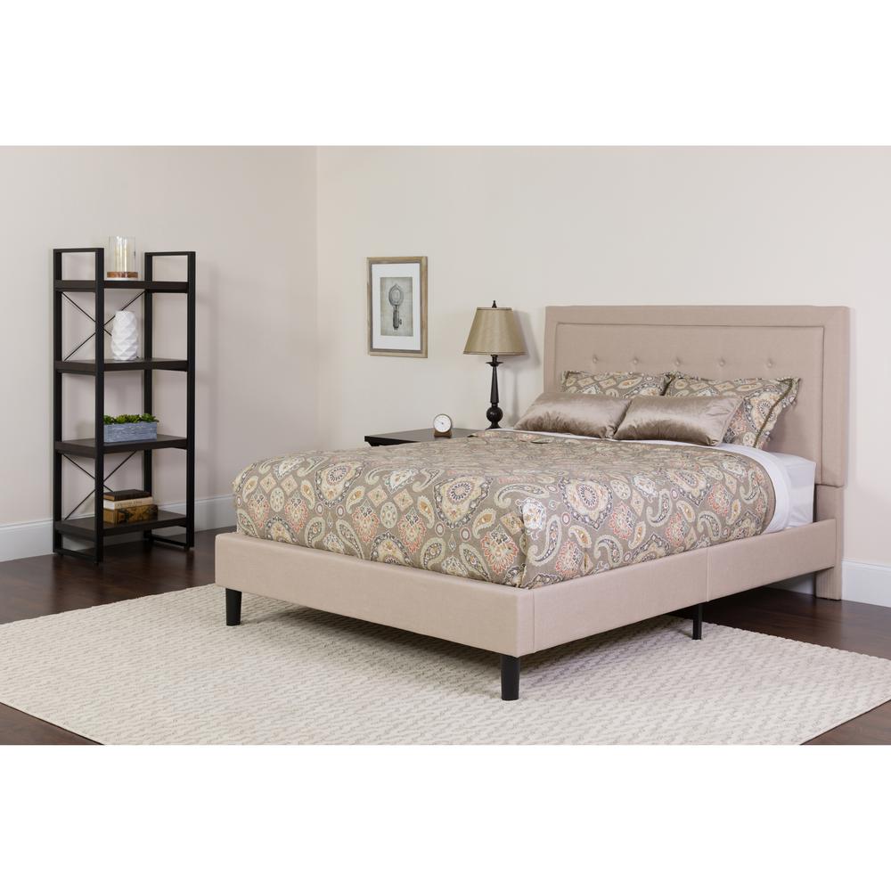 Roxbury Queen Size Tufted Upholstered Platform Bed in Beige Fabric with Memory Foam Mattress. Picture 1