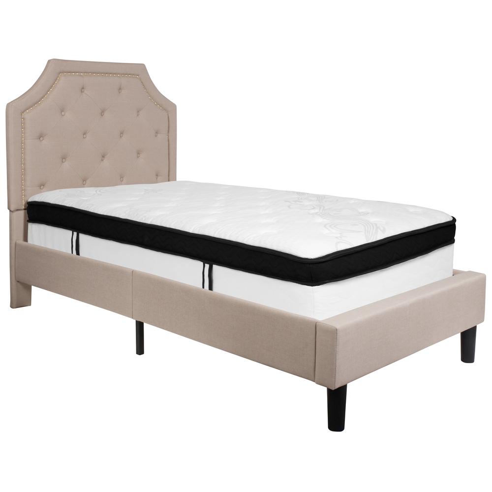 Twin Size Arched Tufted Upholstered Platform Bed in Beige Fabric with Memory Foam Mattress. Picture 1