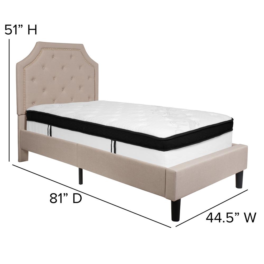 Twin Size Arched Tufted Upholstered Platform Bed in Beige Fabric with Memory Foam Mattress. Picture 2