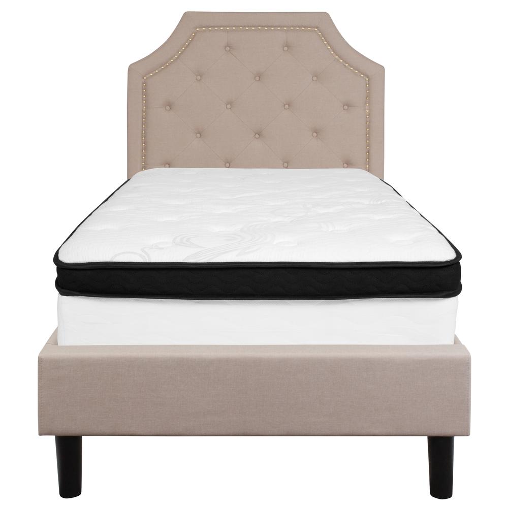 Twin Size Arched Tufted Upholstered Platform Bed in Beige Fabric with Memory Foam Mattress. Picture 3