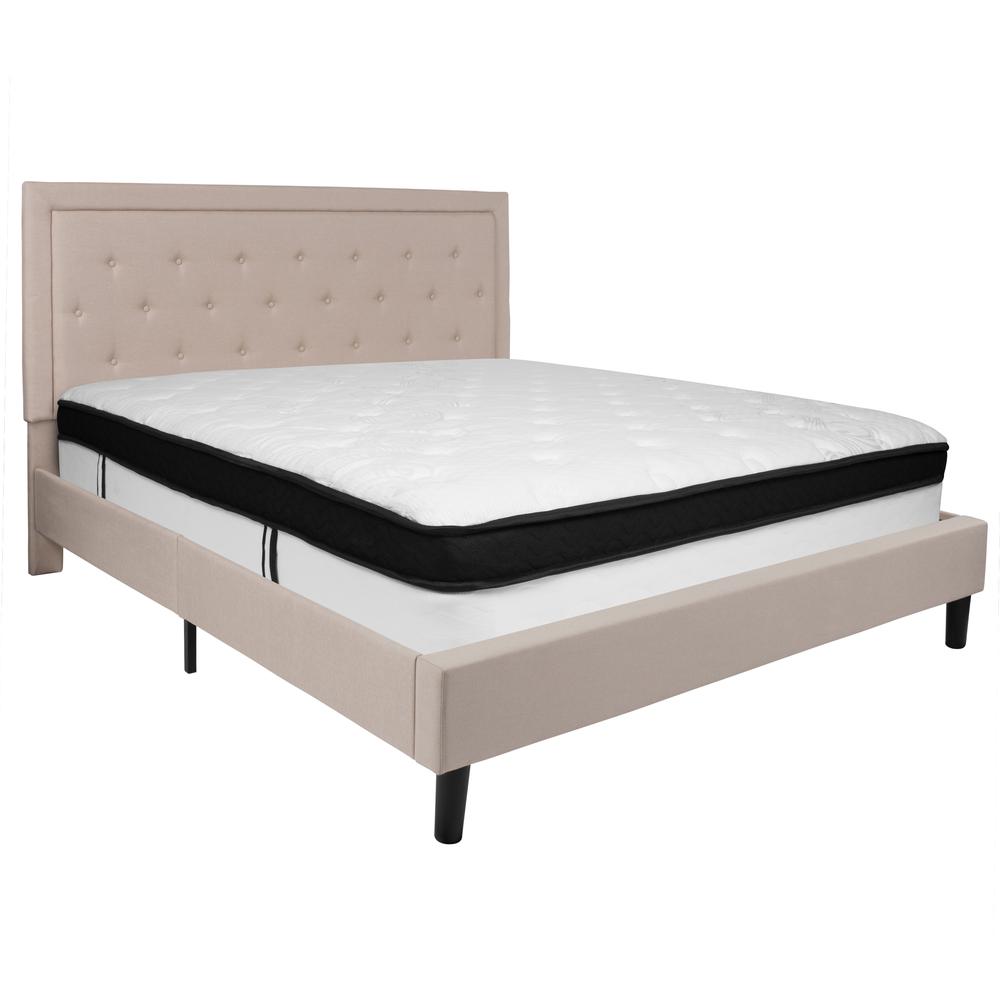 King Size Panel Tufted Upholstered Platform Bed in Beige Fabric with Memory Foam Mattress. Picture 1