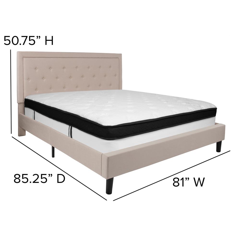 King Size Panel Tufted Upholstered Platform Bed in Beige Fabric with Memory Foam Mattress. Picture 2