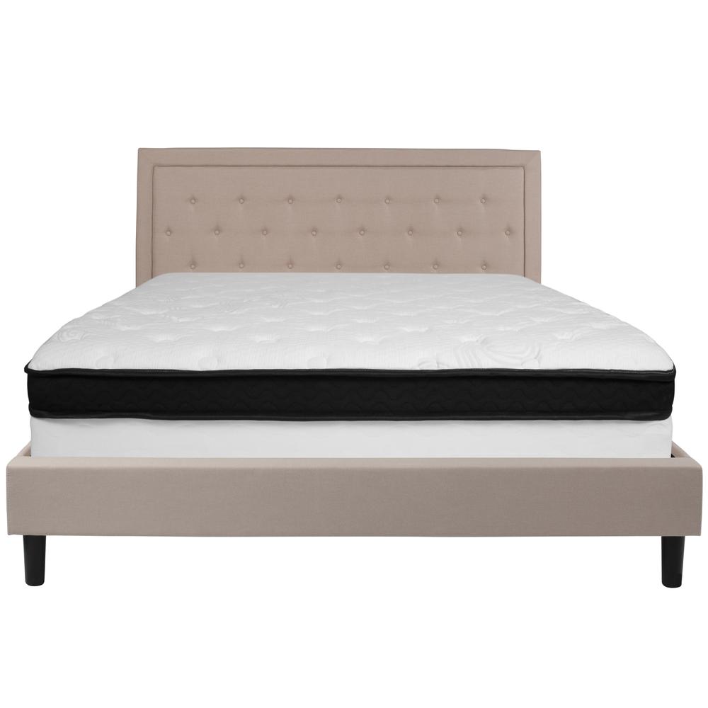 King Size Panel Tufted Upholstered Platform Bed in Beige Fabric with Memory Foam Mattress. Picture 3