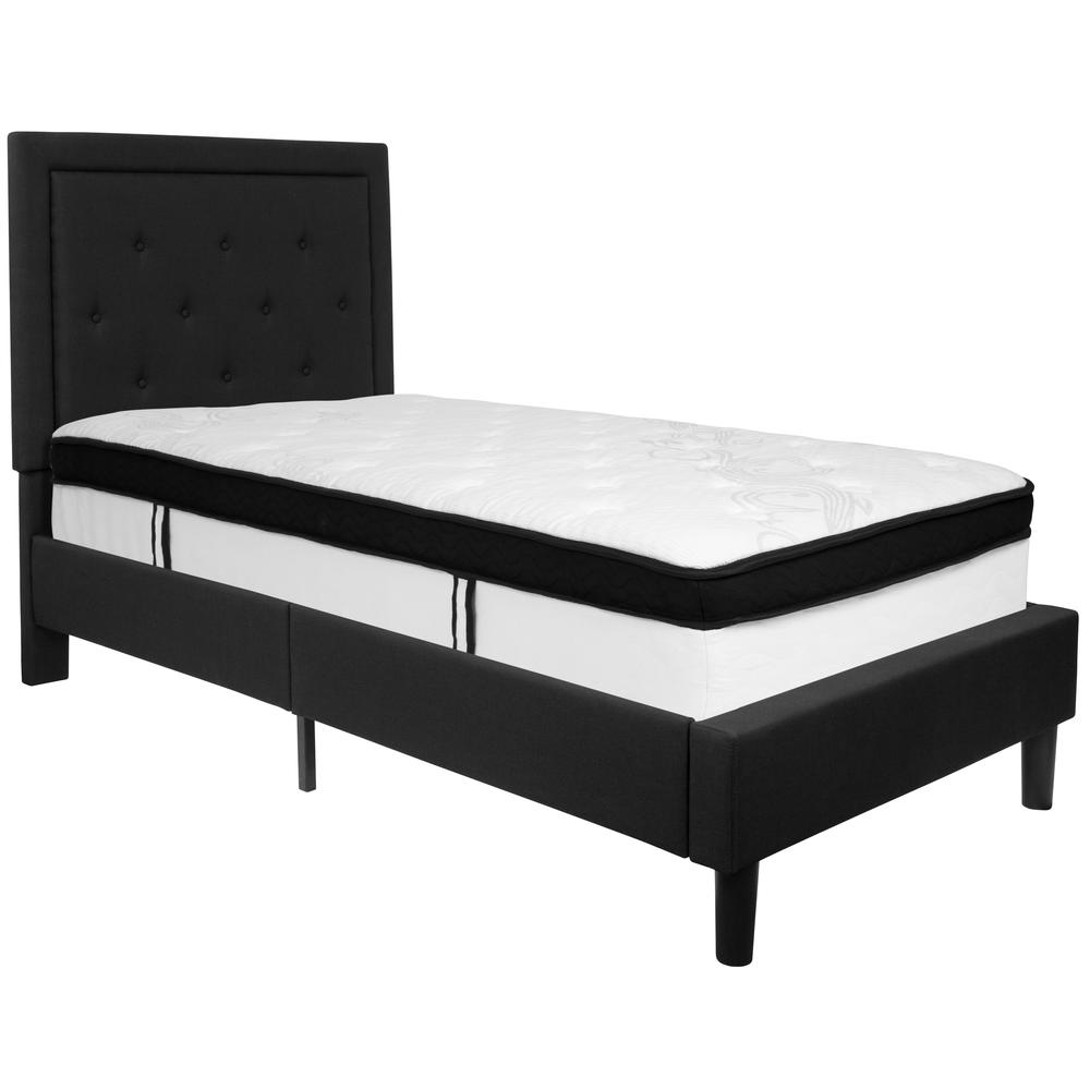 Twin Size Panel Tufted Upholstered Platform Bed in Black Fabric with Memory Foam Mattress. Picture 1