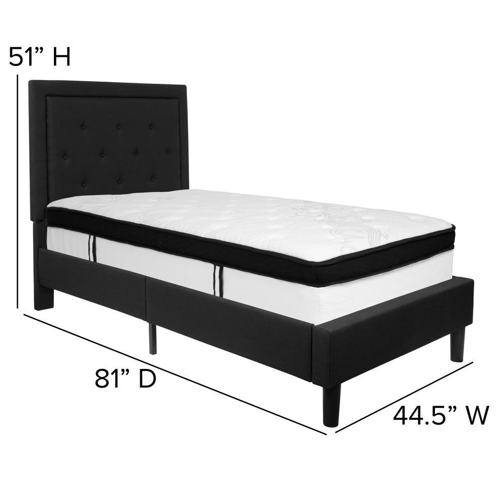 Twin Size Panel Tufted Upholstered Platform Bed in Black Fabric with Memory Foam Mattress. Picture 2