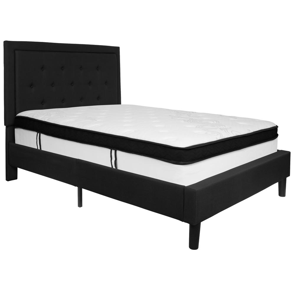 Full Size Panel Tufted Upholstered Platform Bed in Black Fabric with Memory Foam Mattress. Picture 1