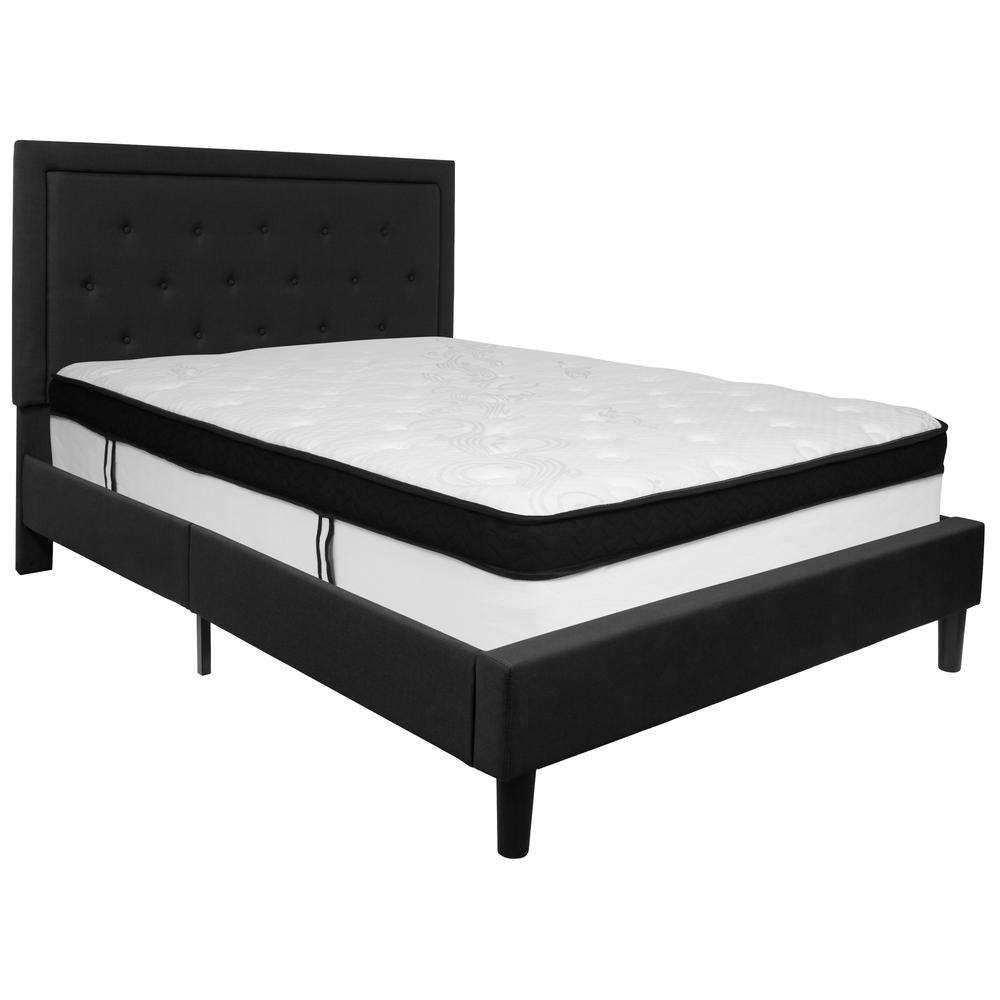 Queen Size Panel Tufted Upholstered Platform Bed in Black Fabric with Memory Foam Mattress. Picture 1