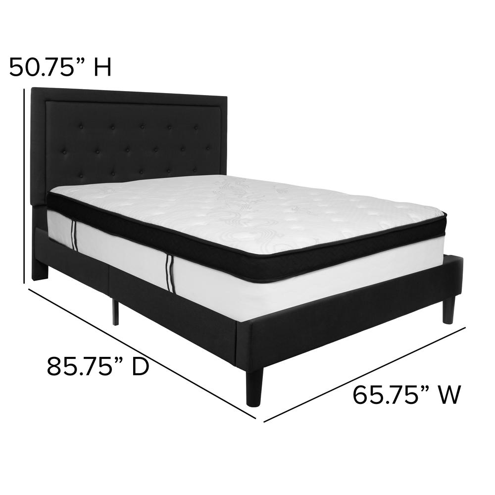 Queen Size Panel Tufted Upholstered Platform Bed in Black Fabric with Memory Foam Mattress. Picture 2