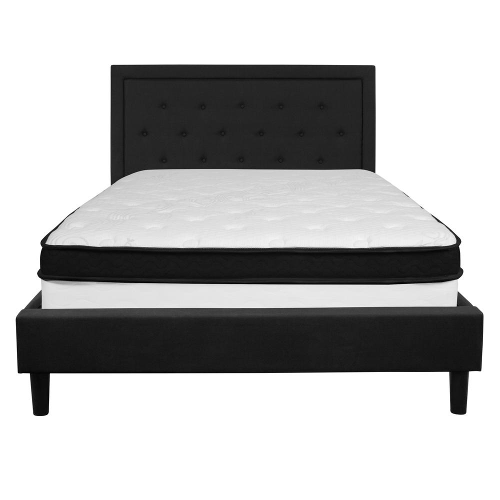 Queen Size Panel Tufted Upholstered Platform Bed in Black Fabric with Memory Foam Mattress. Picture 3