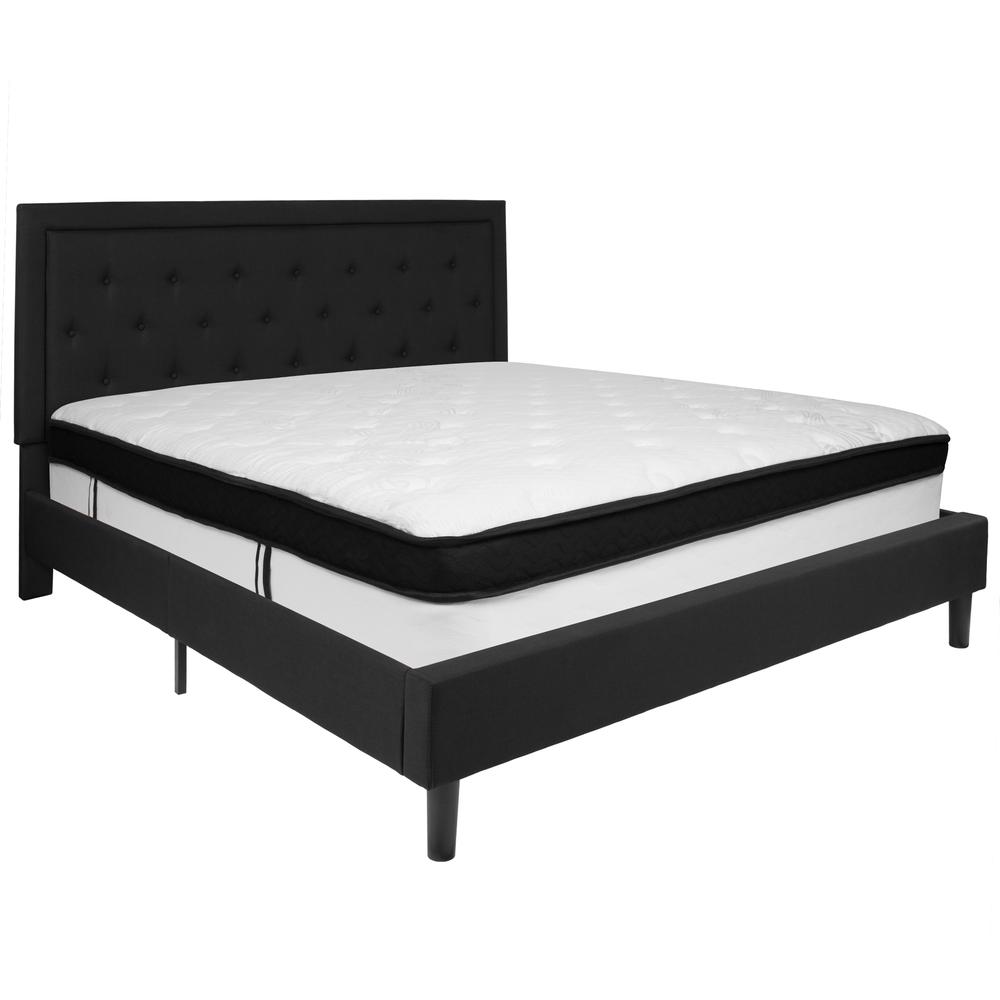 King Size Panel Tufted Upholstered Platform Bed in Black Fabric with Memory Foam Mattress. Picture 1