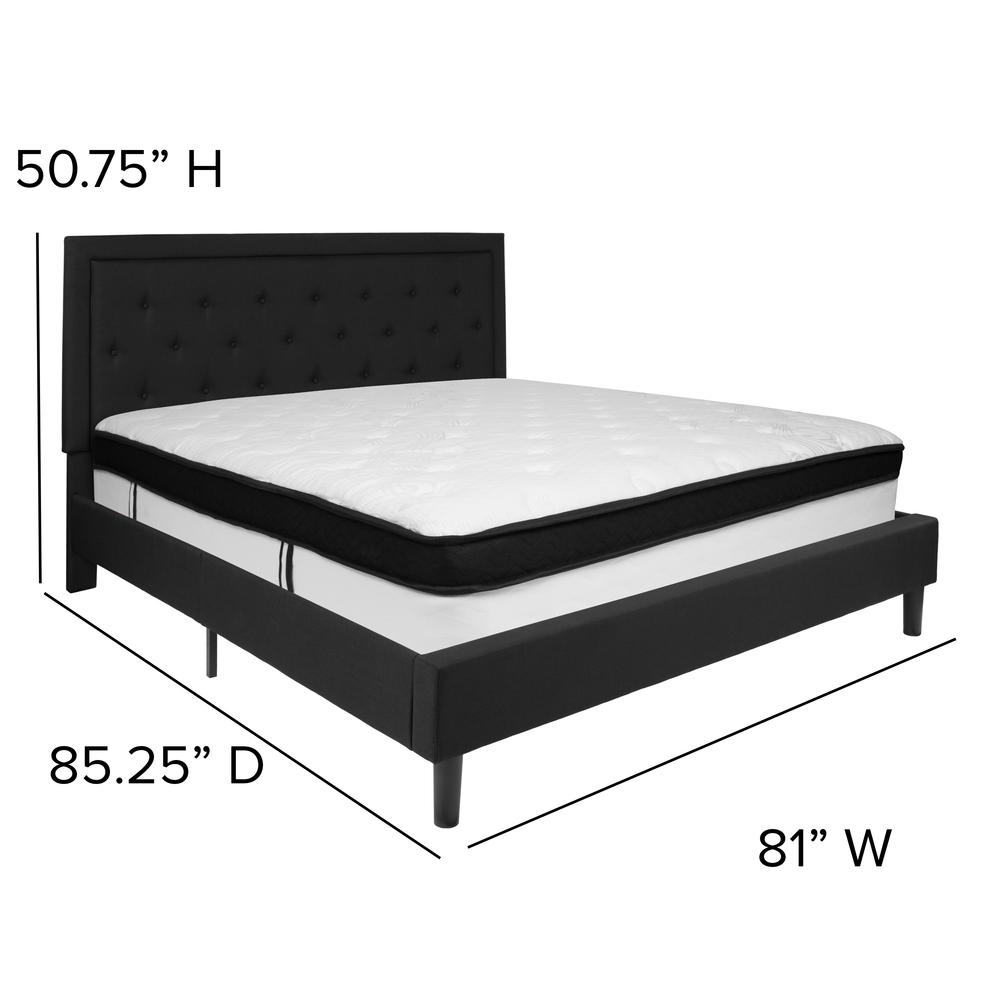King Size Panel Tufted Upholstered Platform Bed in Black Fabric with Memory Foam Mattress. Picture 2