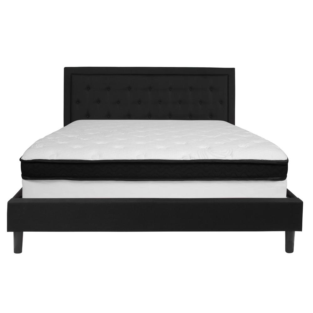 King Size Panel Tufted Upholstered Platform Bed in Black Fabric with Memory Foam Mattress. Picture 3