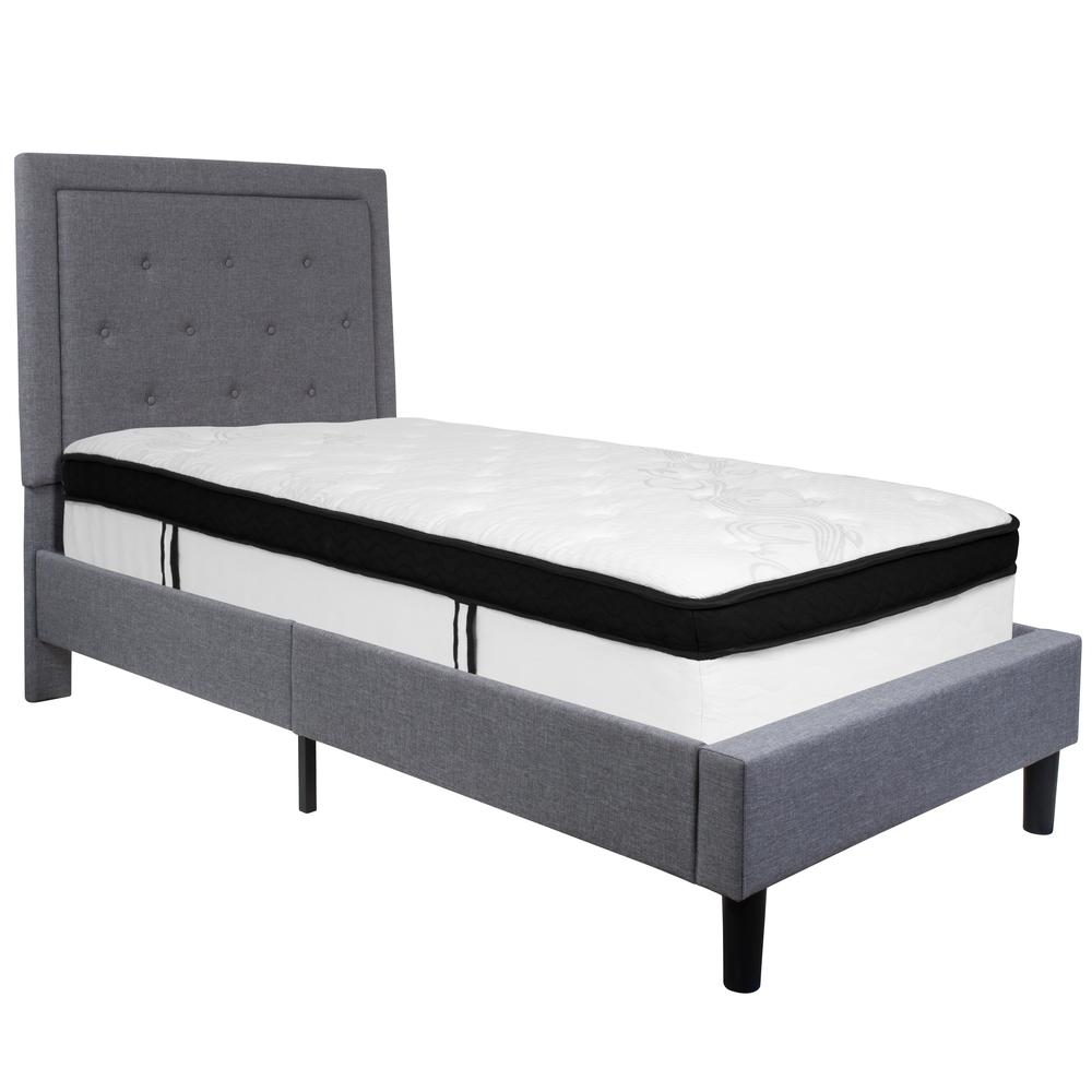 Twin Size Panel Tufted Upholstered Platform Bed in Light Gray Fabric with Memory Foam Mattress. Picture 1