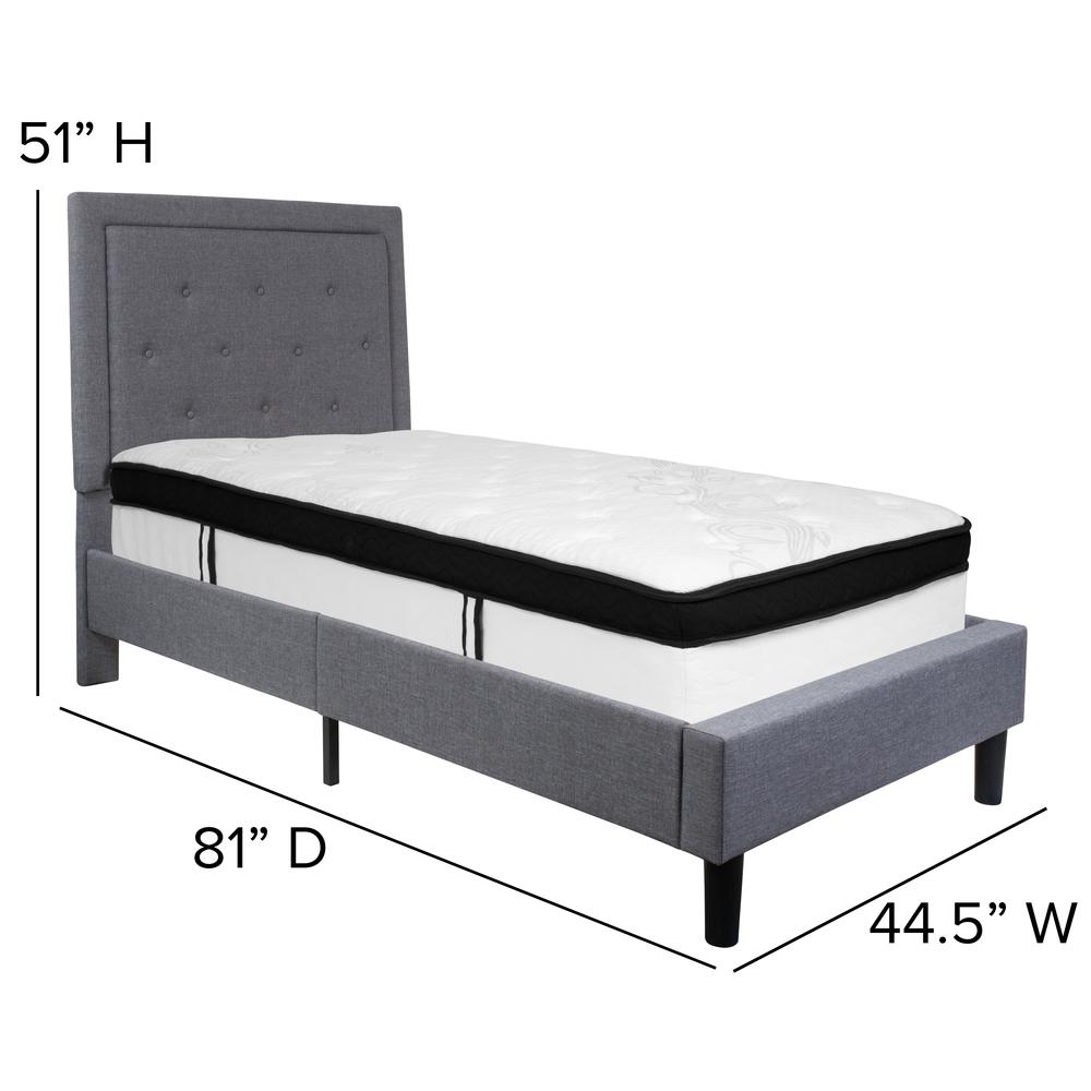 Twin Size Panel Tufted Upholstered Platform Bed in Light Gray Fabric with Memory Foam Mattress. Picture 2