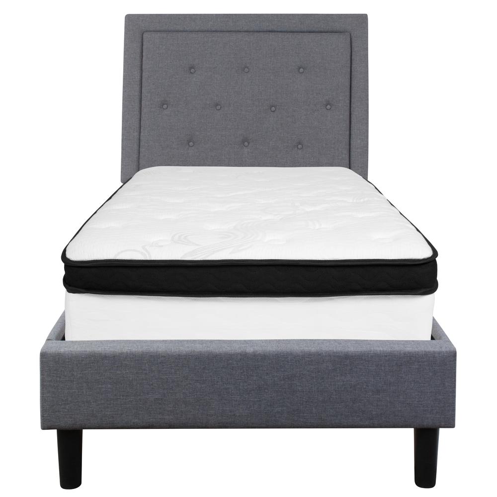 Twin Size Panel Tufted Upholstered Platform Bed in Light Gray Fabric with Memory Foam Mattress. Picture 3