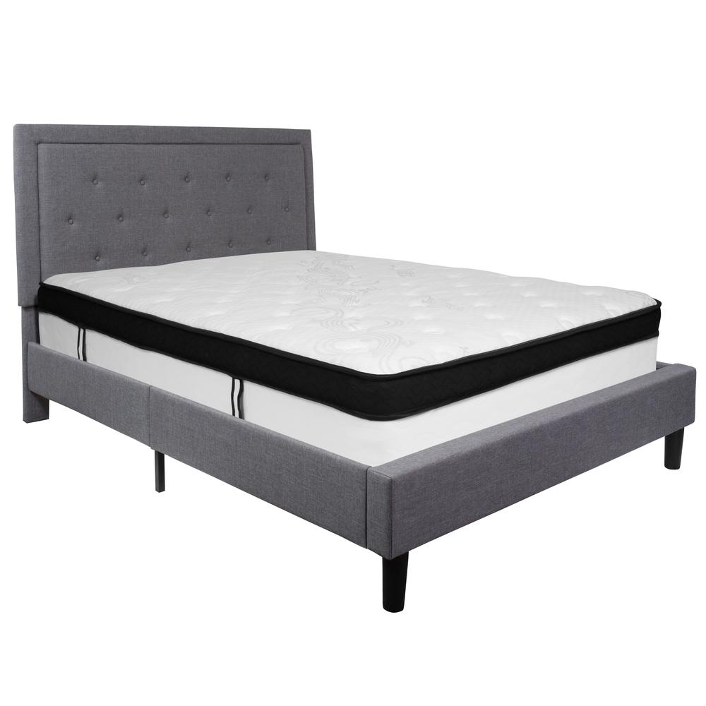 Queen Size Panel Tufted Upholstered Platform Bed in Light Gray Fabric with Memory Foam Mattress. The main picture.