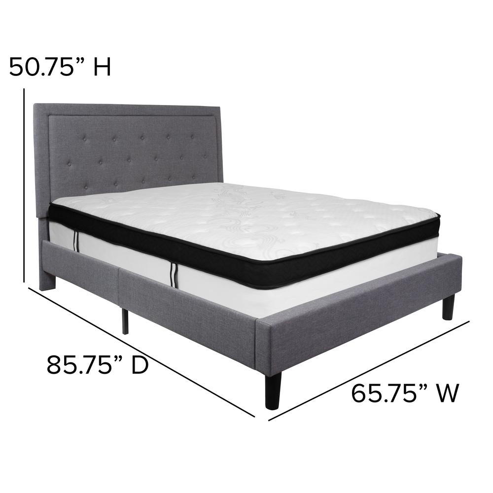 Queen Size Panel Tufted Upholstered Platform Bed in Light Gray Fabric with Memory Foam Mattress. Picture 2