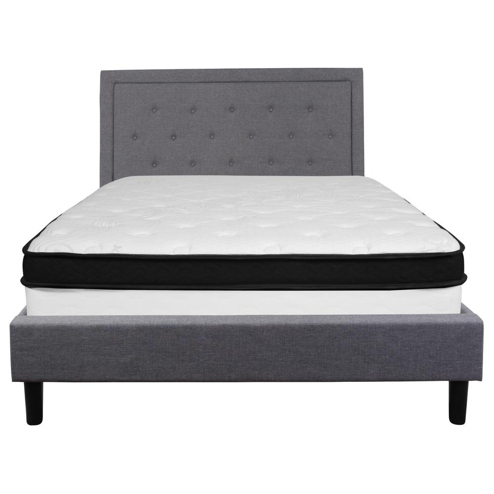 Queen Size Panel Tufted Upholstered Platform Bed in Light Gray Fabric with Memory Foam Mattress. Picture 3