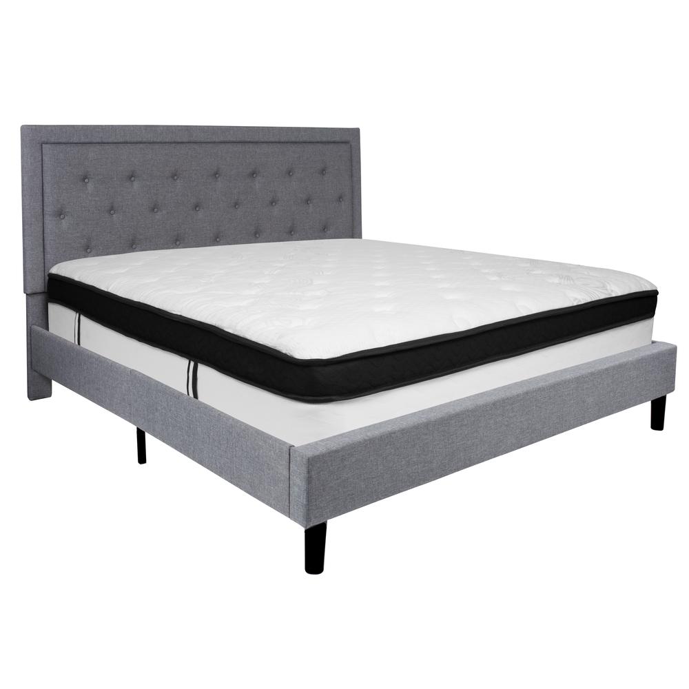 King Size Panel Tufted Upholstered Platform Bed in Light Gray Fabric with Memory Foam Mattress. Picture 1