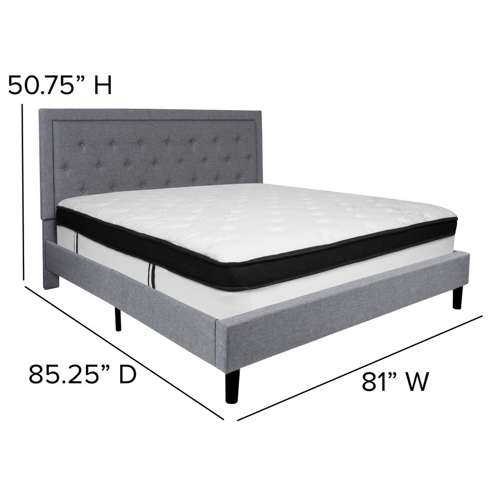 King Size Panel Tufted Upholstered Platform Bed in Light Gray Fabric with Memory Foam Mattress. Picture 2