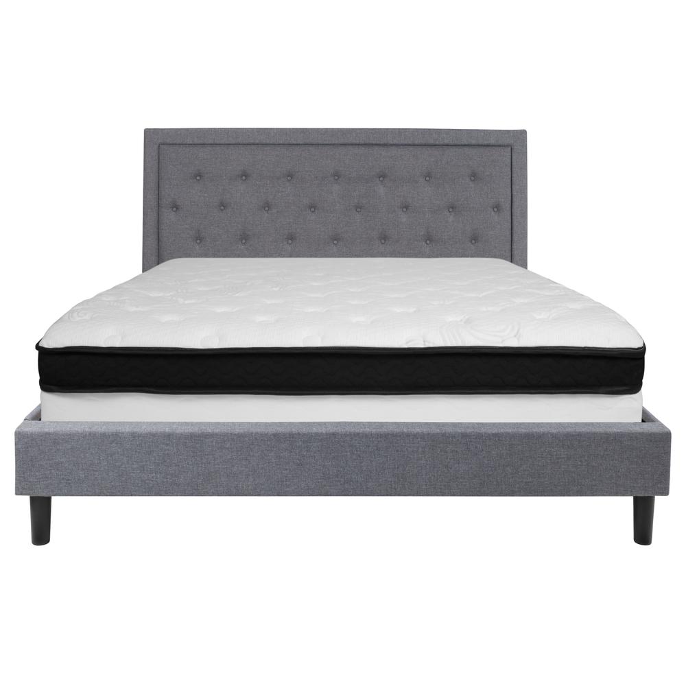 King Size Panel Tufted Upholstered Platform Bed in Light Gray Fabric with Memory Foam Mattress. Picture 3