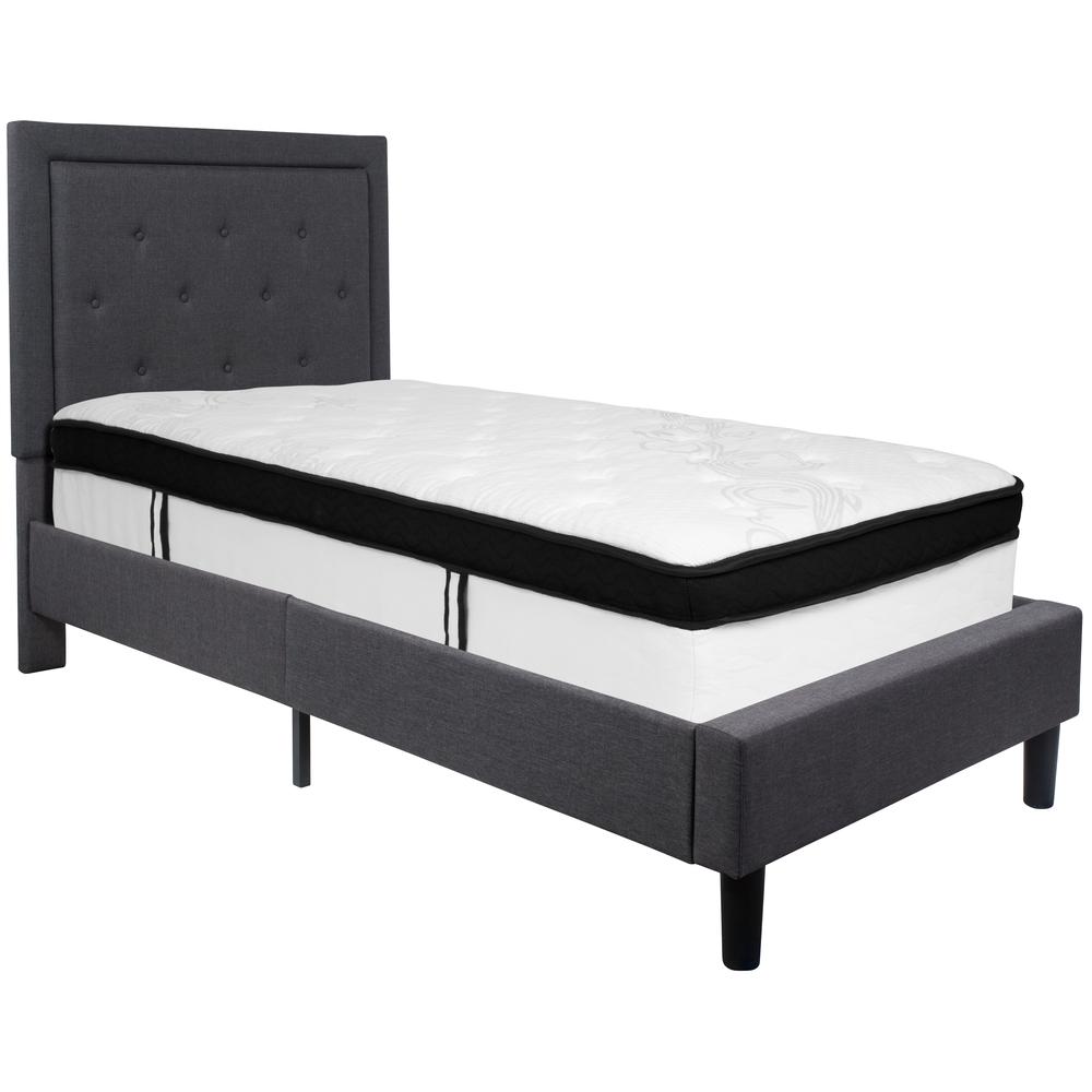 Twin Size Panel Tufted Upholstered Platform Bed in Dark Gray Fabric with Memory Foam Mattress. Picture 1