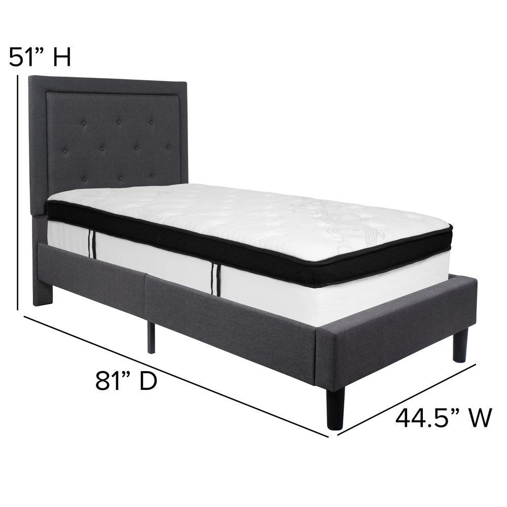 Twin Size Panel Tufted Upholstered Platform Bed in Dark Gray Fabric with Memory Foam Mattress. Picture 2