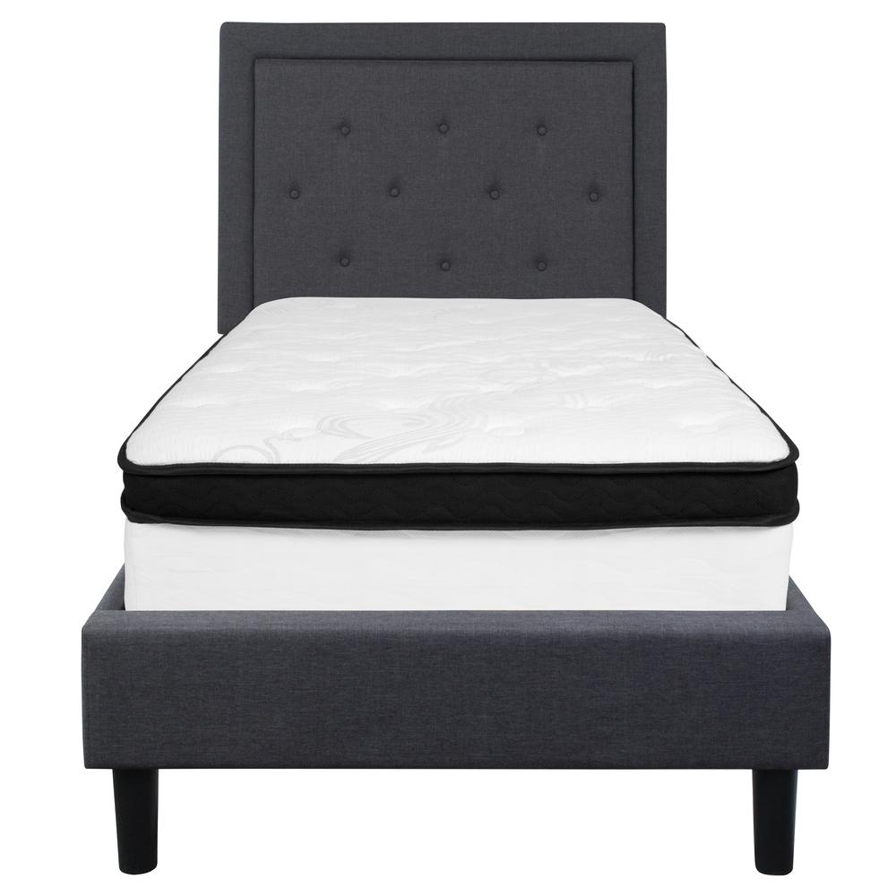 Twin Size Panel Tufted Upholstered Platform Bed in Dark Gray Fabric with Memory Foam Mattress. Picture 3