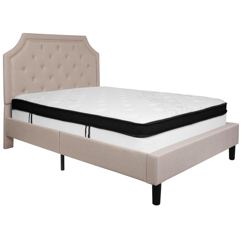 Full Size Arched Tufted Upholstered Platform Bed in Beige Fabric with Memory Foam Mattress. Picture 1