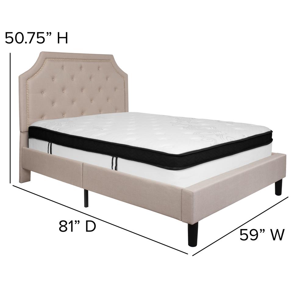 Full Size Arched Tufted Upholstered Platform Bed in Beige Fabric with Memory Foam Mattress. Picture 2