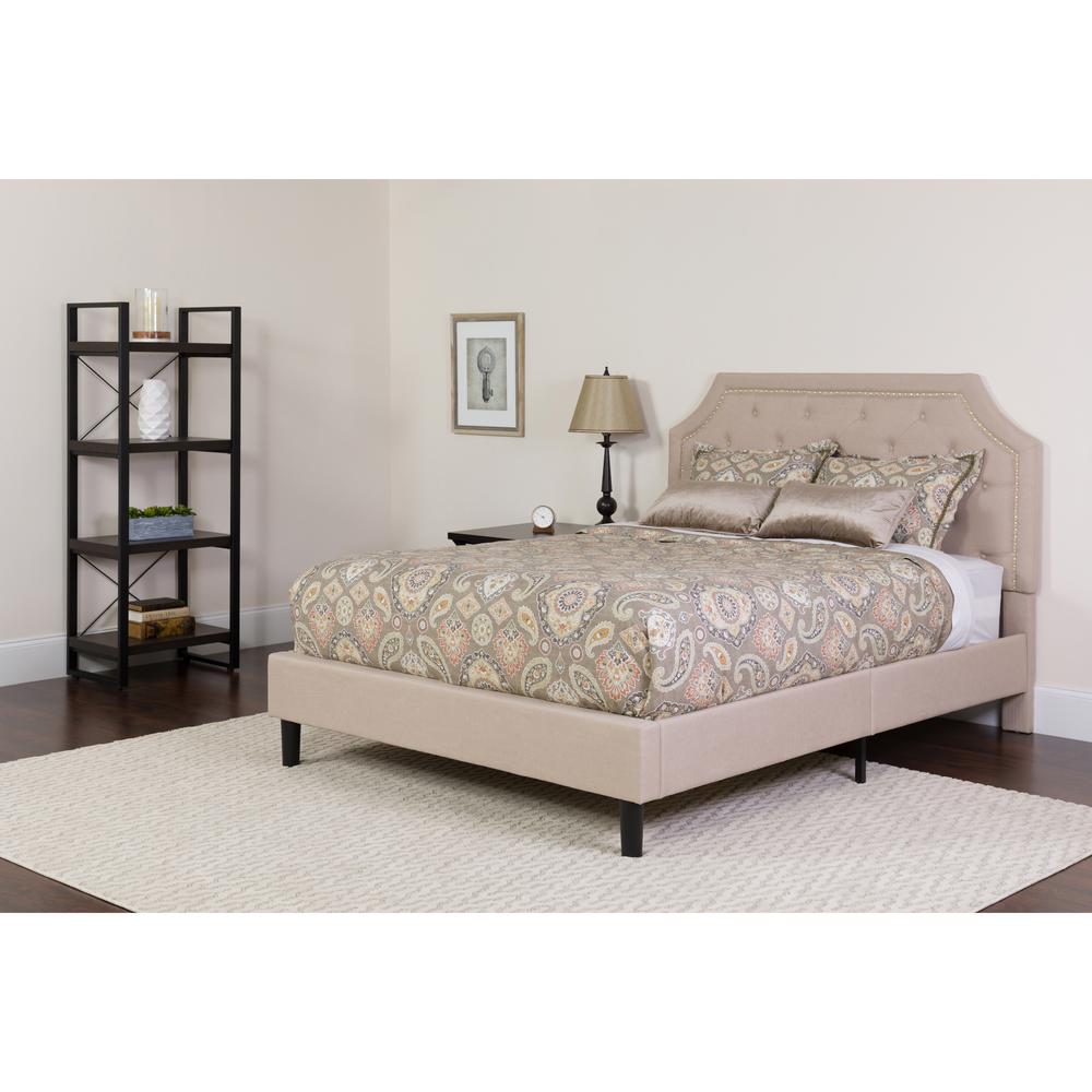 Full Size Platform Bed in Beige Fabric with Memory Foam Mattress. Picture 1