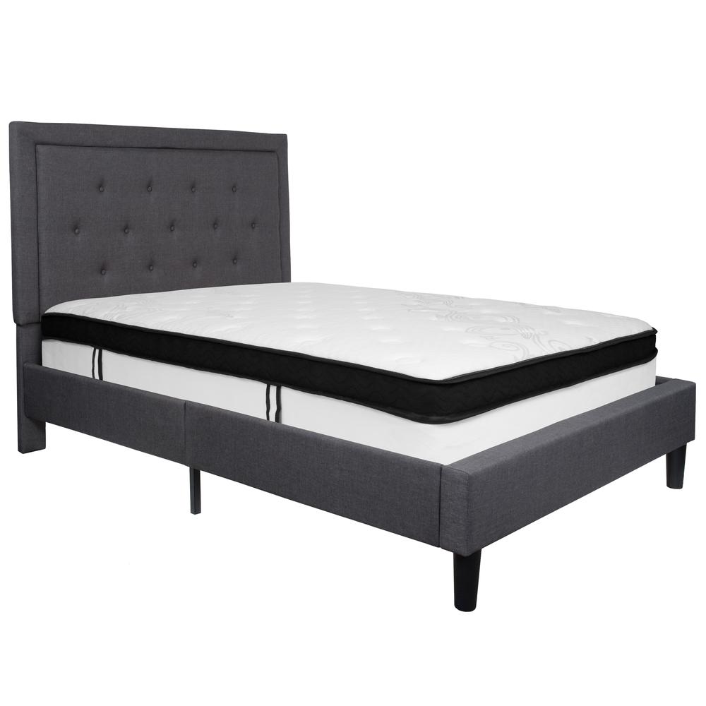 Full Size Panel Tufted Upholstered Platform Bed in Dark Gray Fabric with Memory Foam Mattress. Picture 1