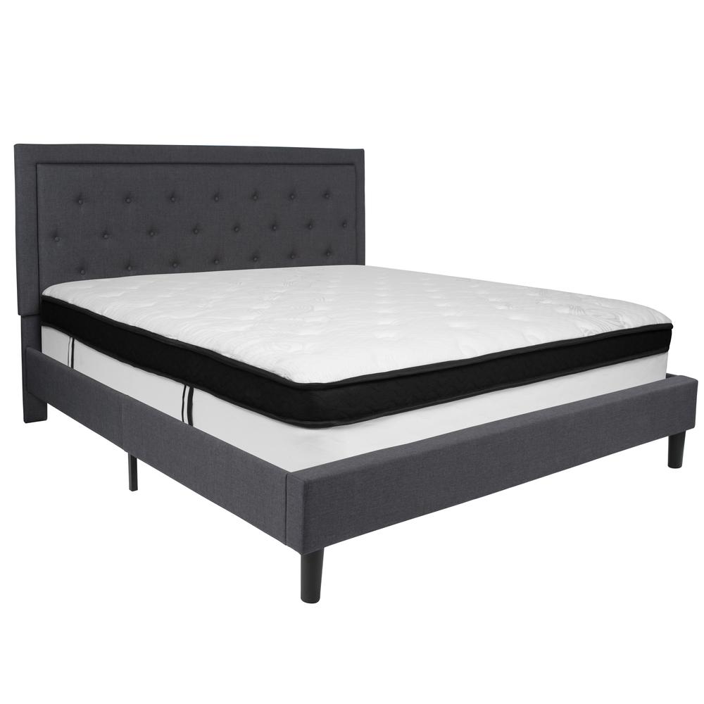 King Size Platform Bed in Dark Gray Fabric with Memory Foam Mattress. Picture 2
