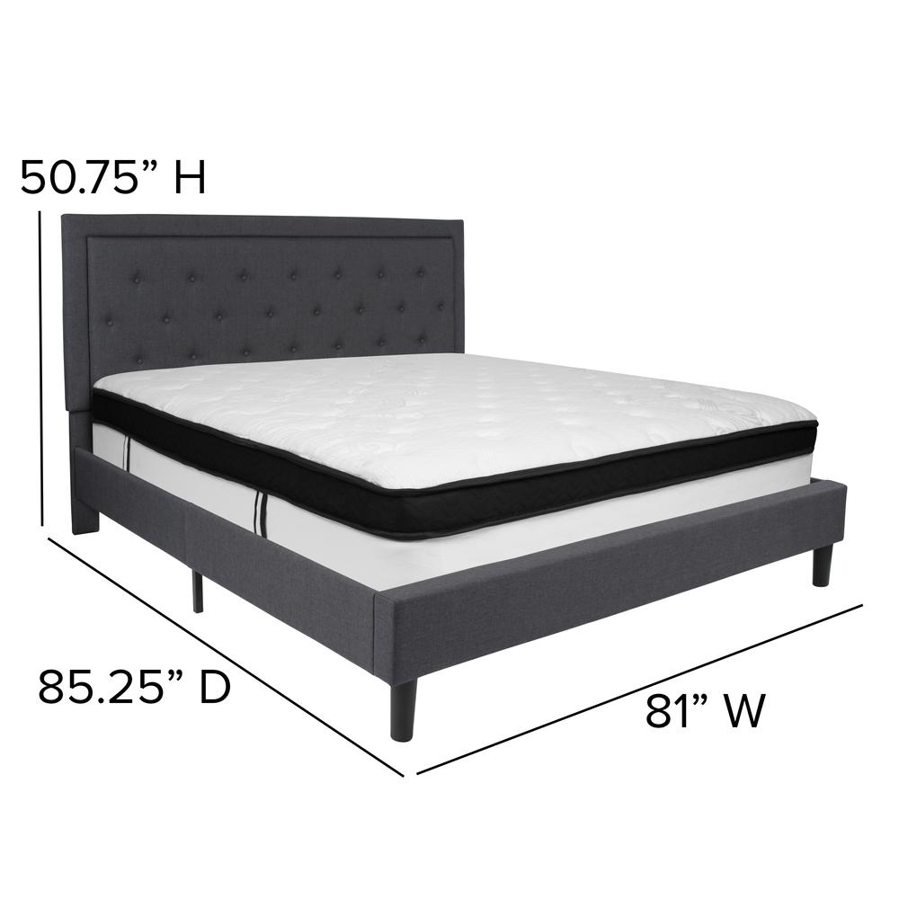 King Size Panel Tufted Upholstered Platform Bed in Dark Gray Fabric with Memory Foam Mattress. Picture 2